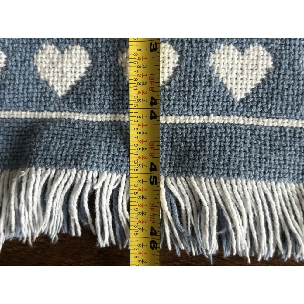 Vintage Woven Decorative Throw Blanket Blue White Cat Heart Motif 90s Grandma